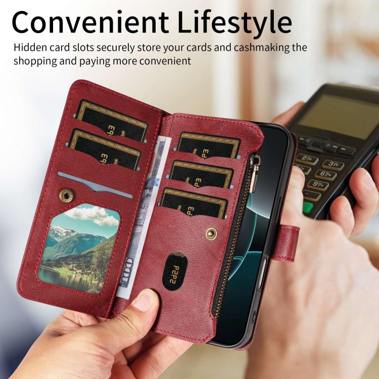 For vivo X200 FE/S30 Pro mini Mandala Embossed 9-Card Zipper RFID Vegan Leather Phone Case with Short Lanyard
