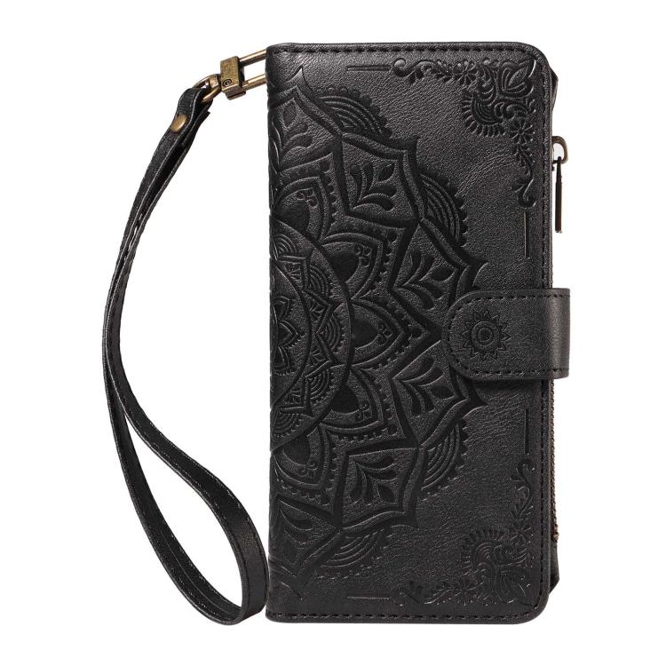 For vivo V40 Lite 4G/5G IND Mandala Embossed 9-Card Zipper RFID Vegan Leather Phone Case with Short Lanyard