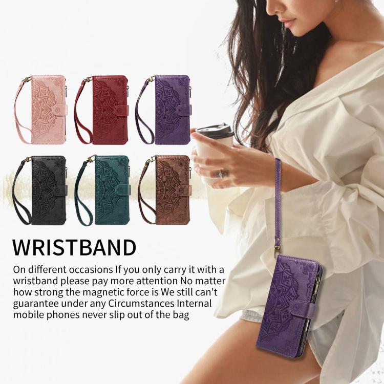 For vivo V30e/V40 Lite 5G Global Mandala Embossed 9-Card Zipper RFID Vegan Leather Phone Case with Short Lanyard