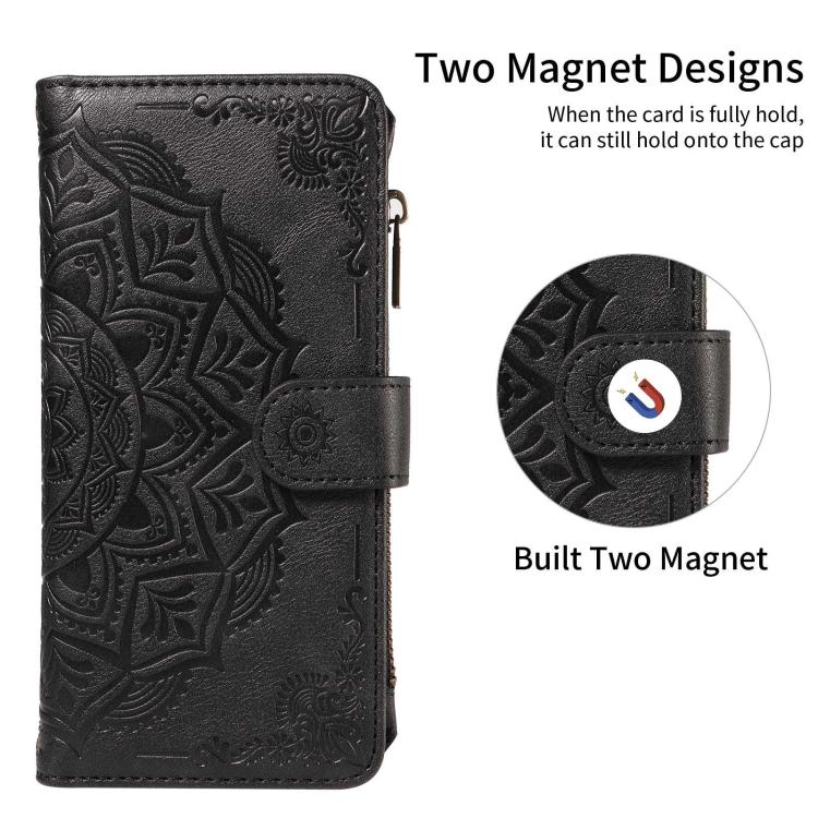 For vivo S19 Pro / V40 Mandala Embossed 9-Card Zipper RFID Vegan Leather Phone Case with Short Lanyard