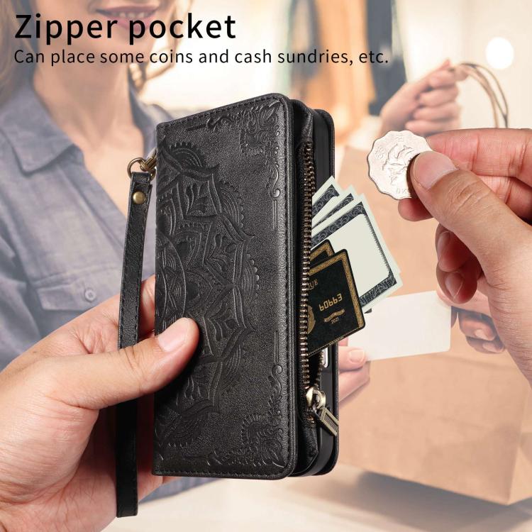 For vivo S19 Pro / V40 Mandala Embossed 9-Card Zipper RFID Vegan Leather Phone Case with Short Lanyard