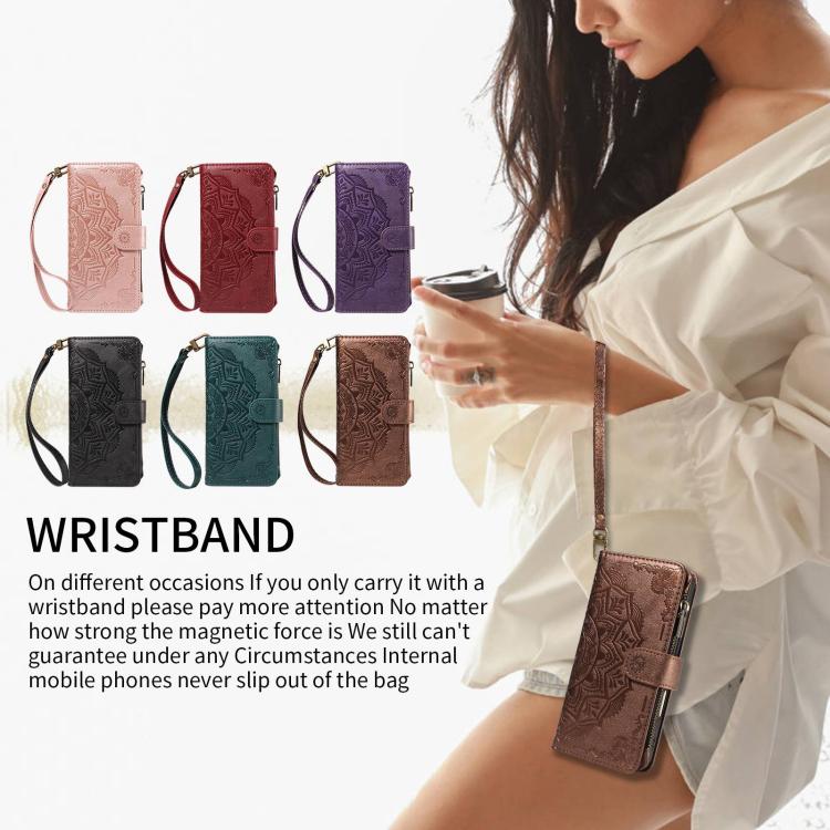 For vivo S19 Pro / V40 Mandala Embossed 9-Card Zipper RFID Vegan Leather Phone Case with Short Lanyard