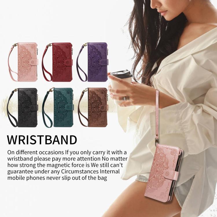 For vivo S19 Mandala Embossed 9-Card Zipper RFID Vegan Leather Phone Case with Short Lanyard