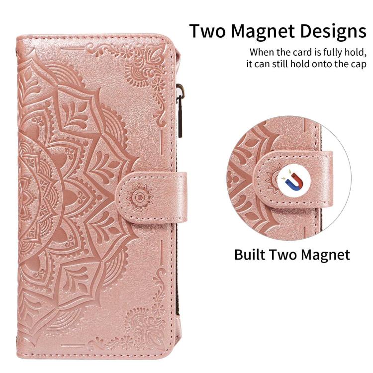 For vivo S19 Mandala Embossed 9-Card Zipper RFID Vegan Leather Phone Case with Short Lanyard