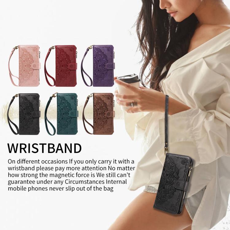 For vivo S19 Mandala Embossed 9-Card Zipper RFID Vegan Leather Phone Case with Short Lanyard