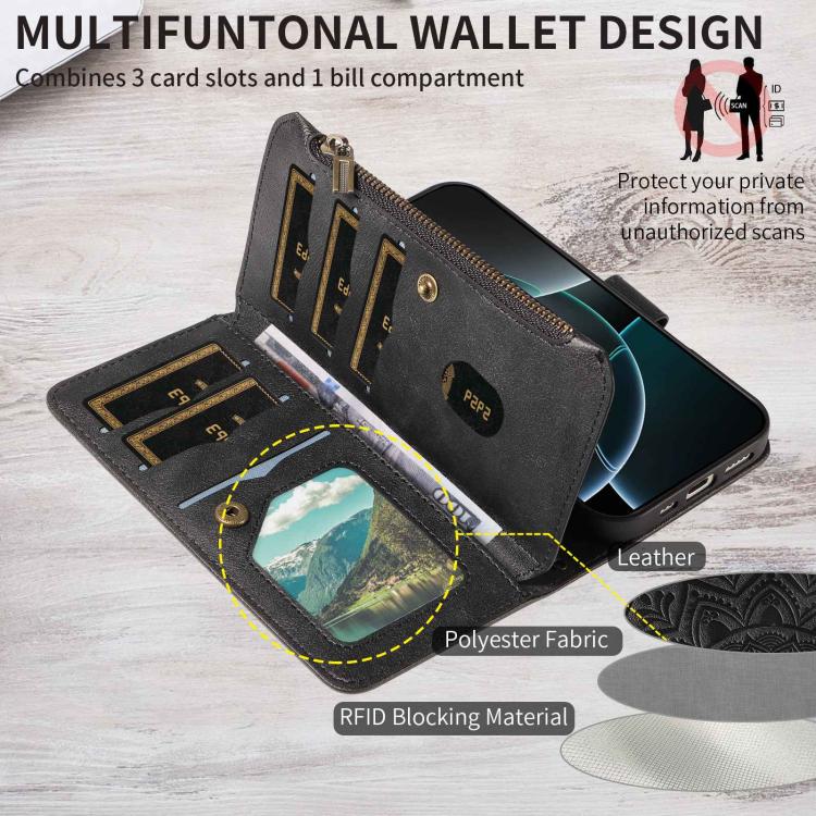For vivo S19 Mandala Embossed 9-Card Zipper RFID Vegan Leather Phone Case with Short Lanyard