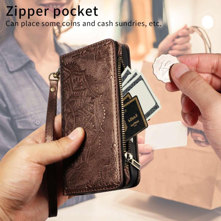 For vivo S19 Mandala Embossed 9-Card Zipper RFID Vegan Leather Phone Case with Short Lanyard