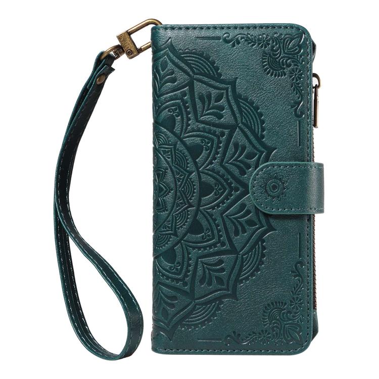 For vivo S19 Mandala Embossed 9-Card Zipper RFID Vegan Leather Phone Case with Short Lanyard
