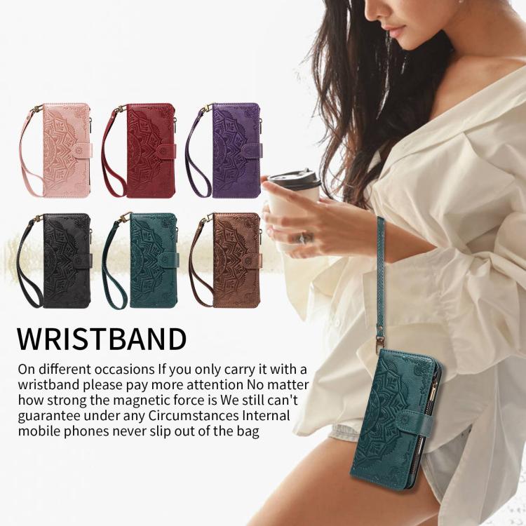 For vivo S19 Mandala Embossed 9-Card Zipper RFID Vegan Leather Phone Case with Short Lanyard
