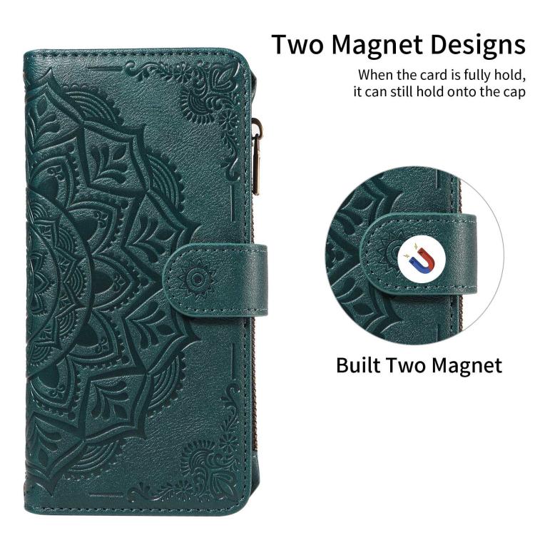 For vivo S19 Mandala Embossed 9-Card Zipper RFID Vegan Leather Phone Case with Short Lanyard
