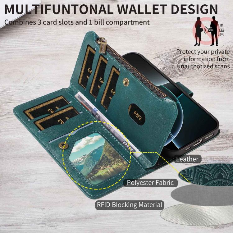 For vivo S19 Mandala Embossed 9-Card Zipper RFID Vegan Leather Phone Case with Short Lanyard