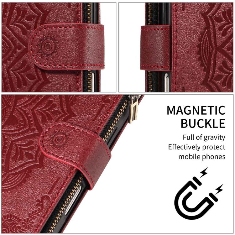 For vivo S19 Mandala Embossed 9-Card Zipper RFID Vegan Leather Phone Case with Short Lanyard