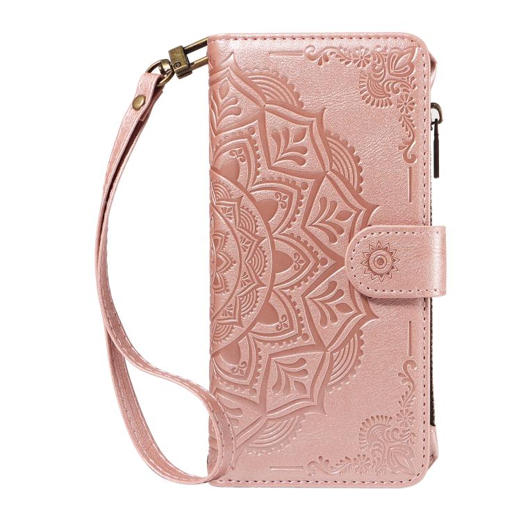 For vivo S18 / S18 Pro Mandala Embossed 9-Card Zipper RFID Vegan Leather Phone Case with Short Lanyard