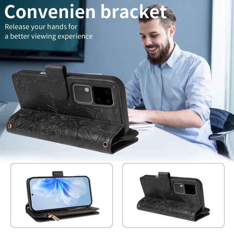 For vivo S18 / S18 Pro Mandala Embossed 9-Card Zipper RFID Vegan Leather Phone Case with Short Lanyard
