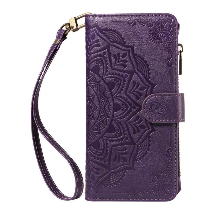 For vivo S18 / S18 Pro Mandala Embossed 9-Card Zipper RFID Vegan Leather Phone Case with Short Lanyard