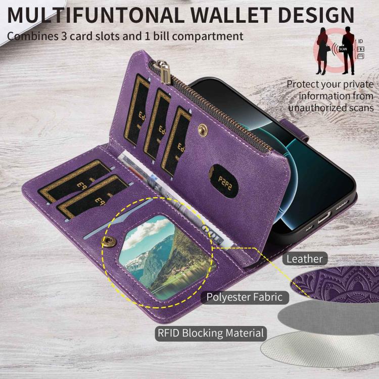 For vivo S18 / S18 Pro Mandala Embossed 9-Card Zipper RFID Vegan Leather Phone Case with Short Lanyard
