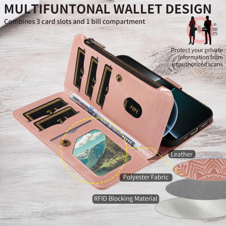 For vivo X100 Mandala Embossed 9-Card Zipper RFID Vegan Leather Phone Case with Short Lanyard