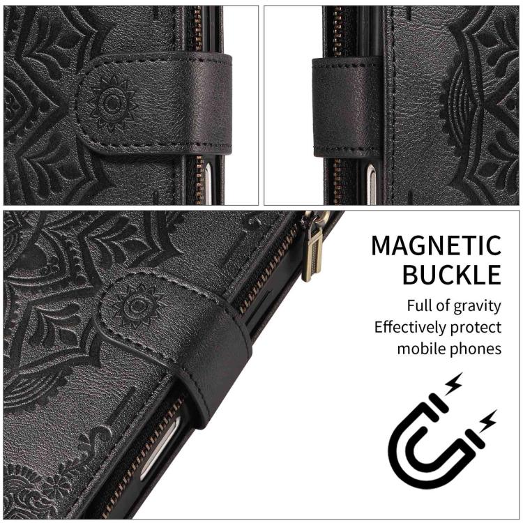 For vivo X100 Mandala Embossed 9-Card Zipper RFID Vegan Leather Phone Case with Short Lanyard