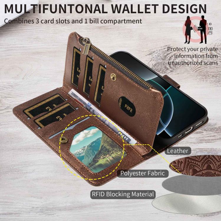 For vivo X100 Mandala Embossed 9-Card Zipper RFID Vegan Leather Phone Case with Short Lanyard
