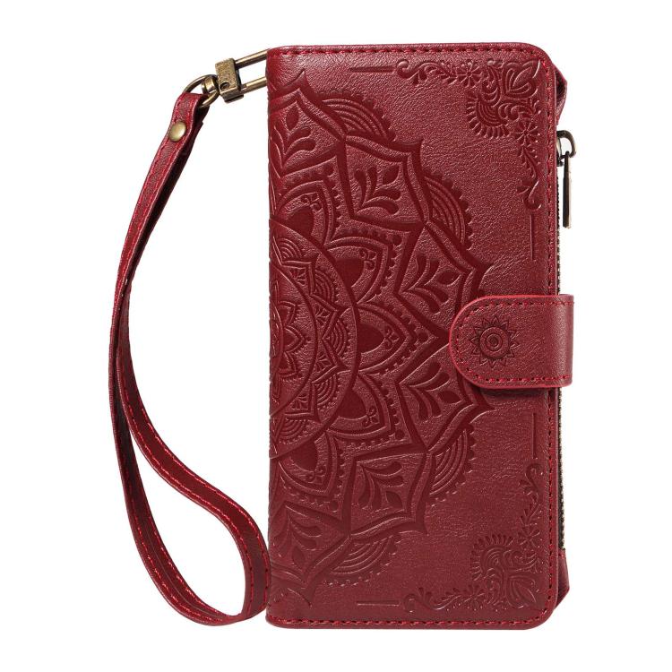 For vivo X100 Mandala Embossed 9-Card Zipper RFID Vegan Leather Phone Case with Short Lanyard