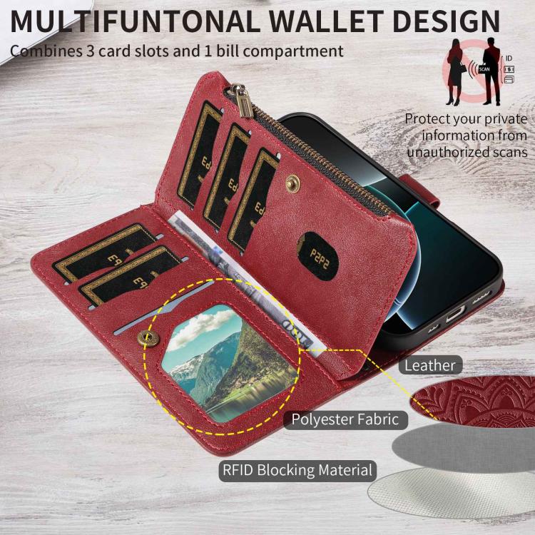 For vivo X100 Mandala Embossed 9-Card Zipper RFID Vegan Leather Phone Case with Short Lanyard