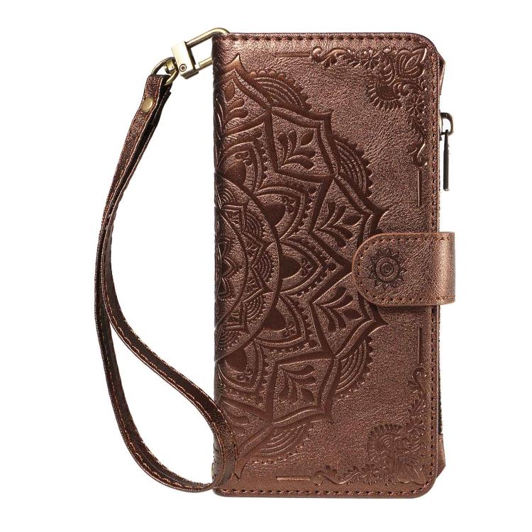 For vivo Y17s Mandala Embossed 9-Card Zipper RFID Vegan Leather Phone Case with Short Lanyard