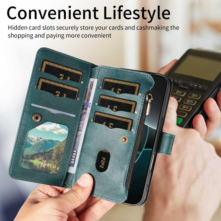 For vivo Y17s Mandala Embossed 9-Card Zipper RFID Vegan Leather Phone Case with Short Lanyard