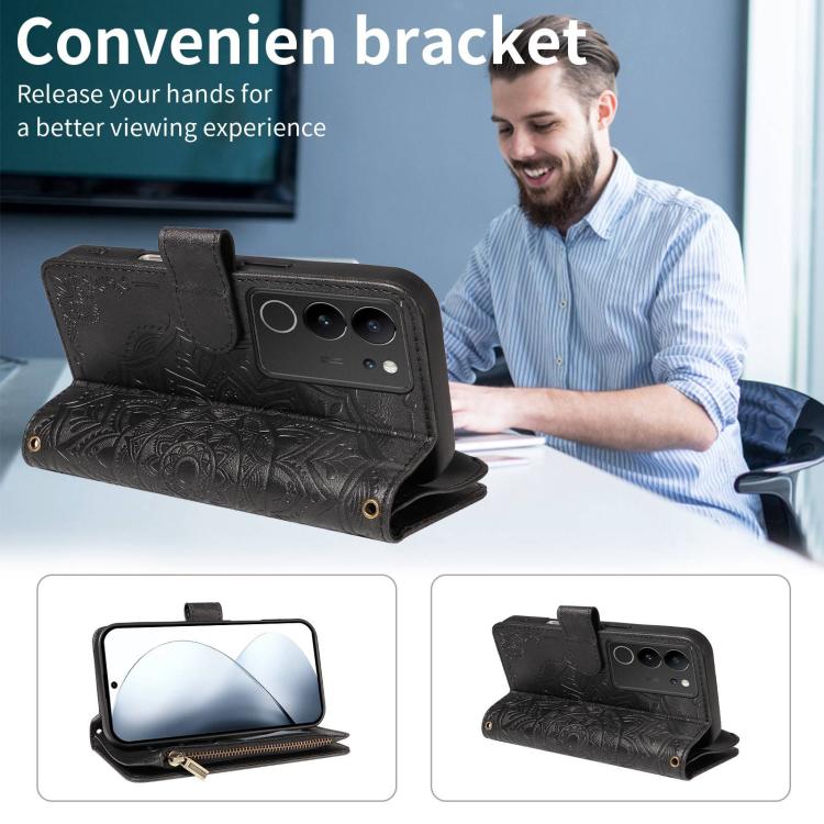 For vivo V29 5G Global/S17 Pro Mandala Embossed 9-Card Zipper RFID Vegan Leather Phone Case with Short Lanyard