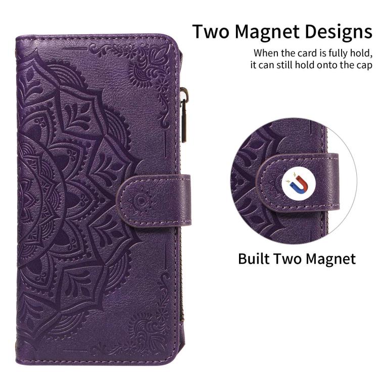 For vivo V29 5G Global/S17 Pro Mandala Embossed 9-Card Zipper RFID Vegan Leather Phone Case with Short Lanyard
