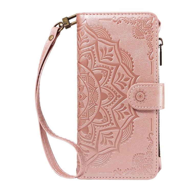 For vivo V27/V27 Pro 5G Global Mandala Embossed 9-Card Zipper RFID Vegan Leather Phone Case with Short Lanyard