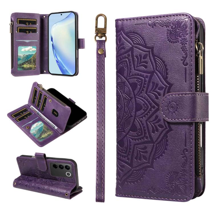 For vivo V27/V27 Pro 5G Global Mandala Embossed 9-Card Zipper RFID Vegan Leather Phone Case with Short Lanyard