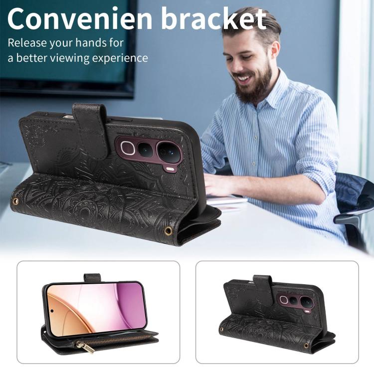 For vivo Y400 Pro 5G Mandala Embossed 9-Card Zipper RFID Vegan Leather Phone Case with Short Lanyard