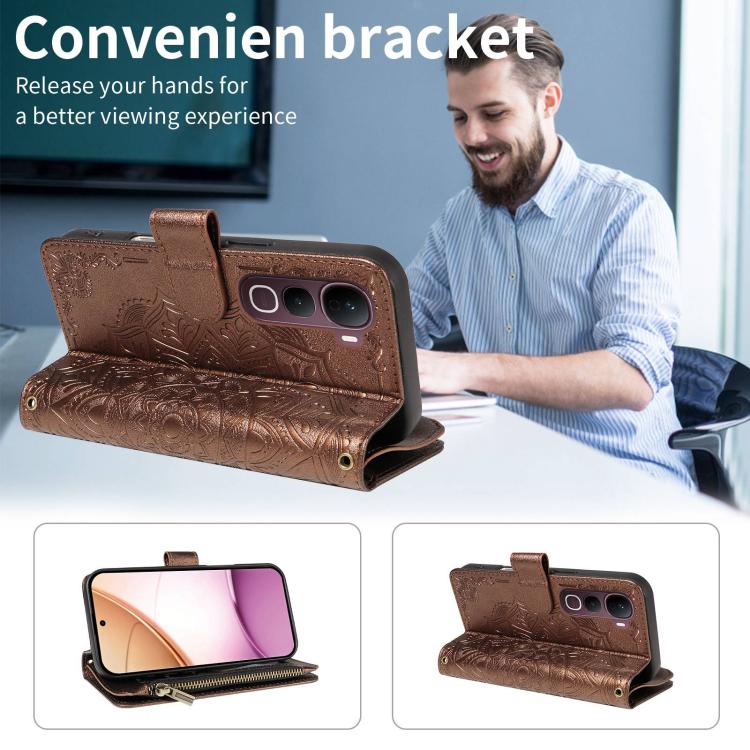 For vivo Y400 Pro 5G Mandala Embossed 9-Card Zipper RFID Vegan Leather Phone Case with Short Lanyard