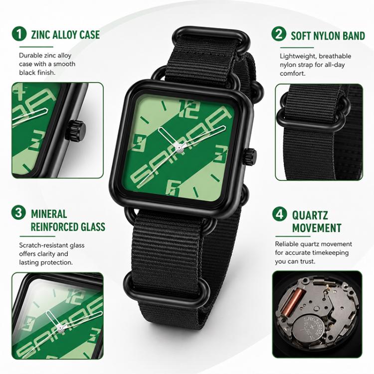SANDA 3261 Colorful Casual 5ATM Water-Resistant Student Quartz Watch, Watchband:Nylon Black