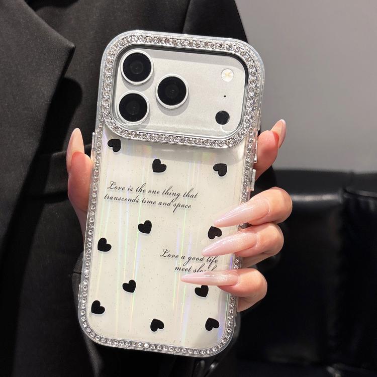 For iPhone 17 Pro Max Double-sided Diamond Aurora Black Hearts TPU + PC Phone Case - White