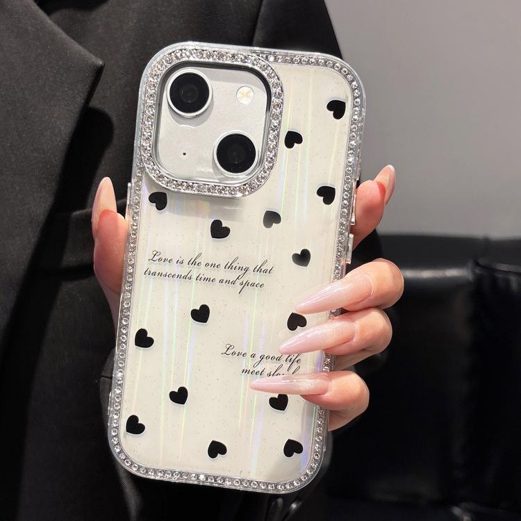 For iPhone 14 Double-sided Diamond Aurora Black Hearts TPU + PC Phone Case - White