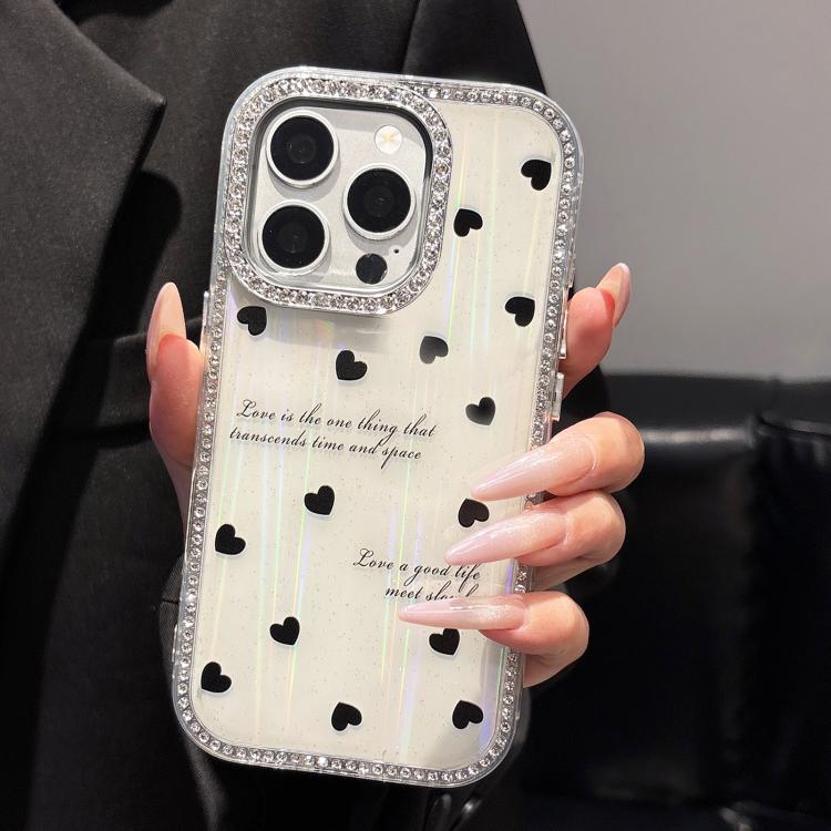 For iPhone 14 Pro Double-sided Diamond Aurora Black Hearts TPU + PC Phone Case - White