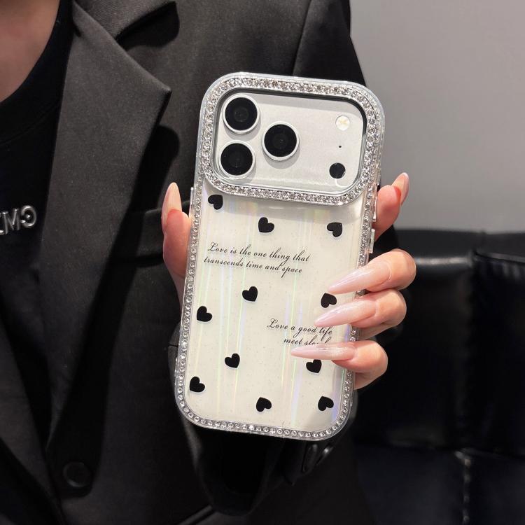 For iPhone 14 Pro Double-sided Diamond Aurora Black Hearts TPU + PC Phone Case - White