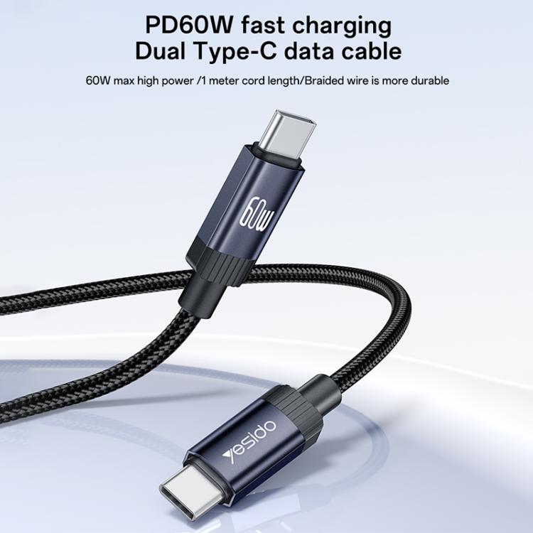 Yesido CA204 PD60W USB-C / Type-C to USB-C / Type-C Braided Data Cable, Length:1m - Gun Grey