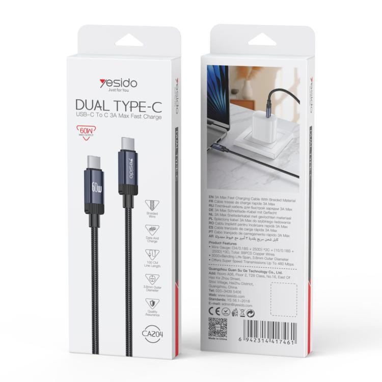 Yesido CA204 PD60W USB-C / Type-C to USB-C / Type-C Braided Data Cable, Length:1m - Gun Grey