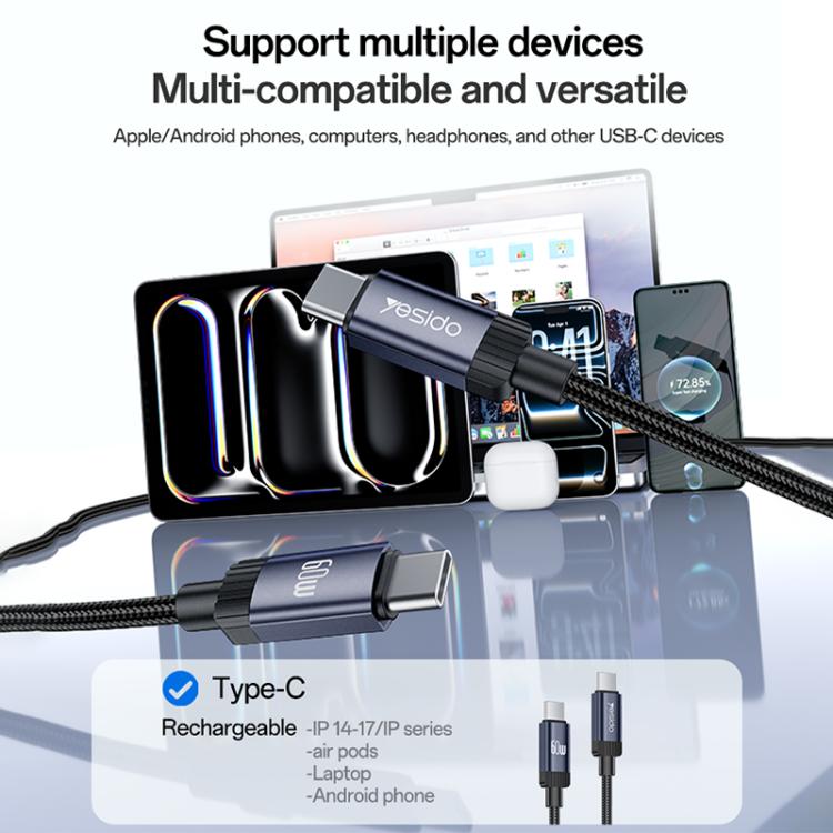 Yesido CA204 PD60W USB-C / Type-C to USB-C / Type-C Braided Data Cable, Length:1m - Gun Grey