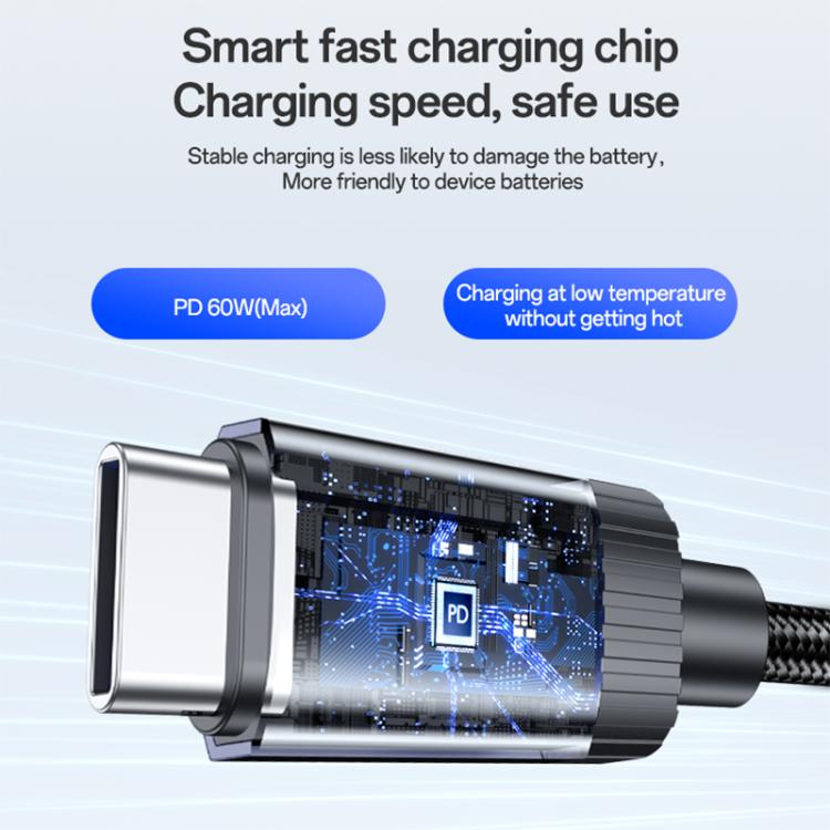 Yesido CA204 PD60W USB-C / Type-C to USB-C / Type-C Braided Data Cable, Length:1m - Gun Grey