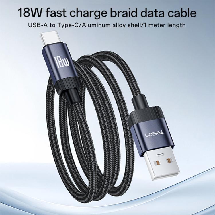 Yesido CA204C 18W USB to USB-C / Type-C Braided Data Cable, Length:1m - Gun Grey