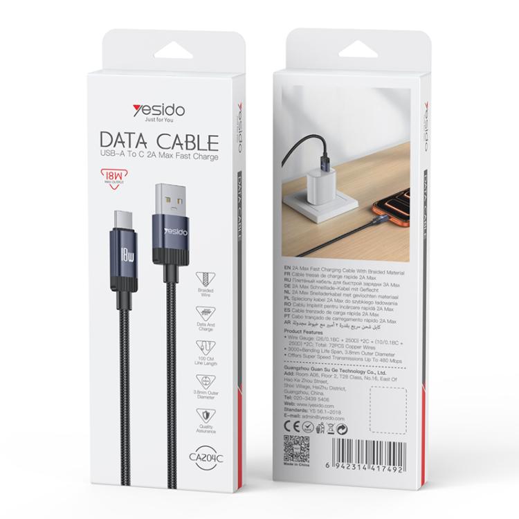 Yesido CA204C 18W USB to USB-C / Type-C Braided Data Cable, Length:1m - Gun Grey