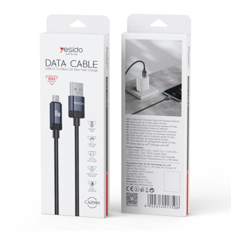 Yesido CA204M 18W USB to Micro USB Braided Data Cable, Length:1m - Gun Grey