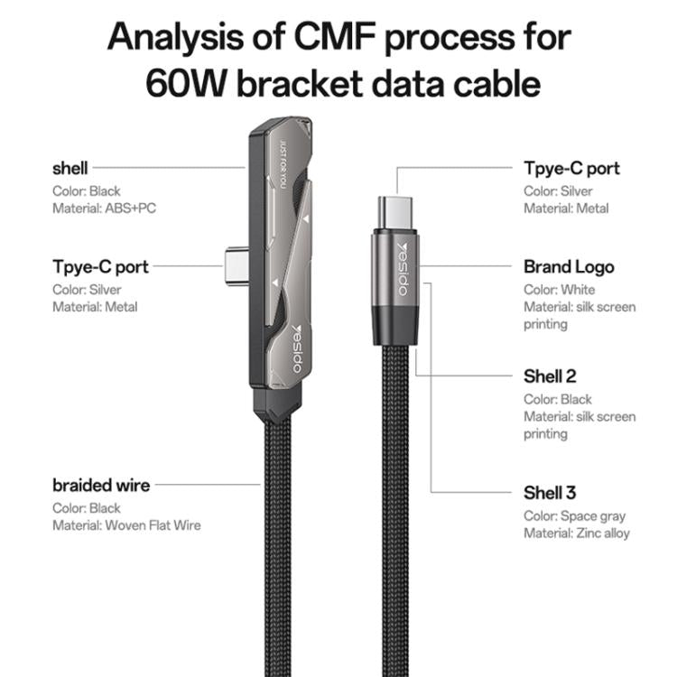 Yesido CA207 60W Type-C to Type-C Elbow Fast Charging Data Cable with Phone Holder, Length:1.2m - Gun Black