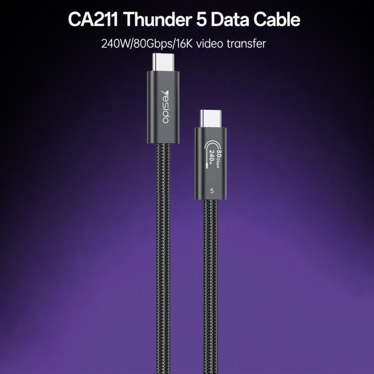 Yesido CA211 240W 16K 60Hz Type-C to Type-C Thunderbolt 5 Full Function Data Cable, Length:1m - Black
