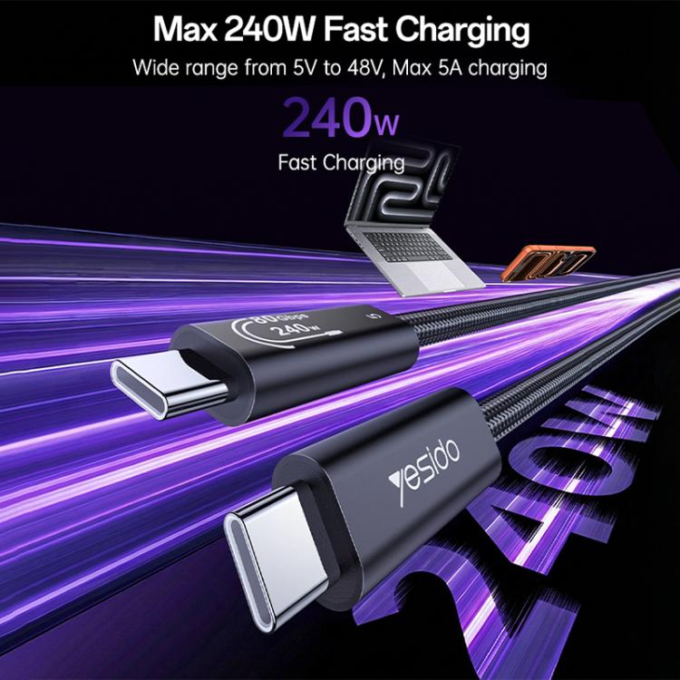 Yesido CA211 240W 16K 60Hz Type-C to Type-C Thunderbolt 5 Full Function Data Cable, Length:1m - Black