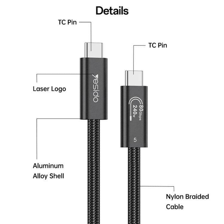 Yesido CA211 240W 16K 60Hz Type-C to Type-C Thunderbolt 5 Full Function Data Cable, Length:1m - Black