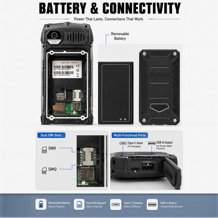 HP288 IP68 Rugged Phone, 2.8 inch, 4000mAh Battery, Network: 2G, BT, FM, SOS, Torch, Russian Keyboard, Plug:US Plug - Black